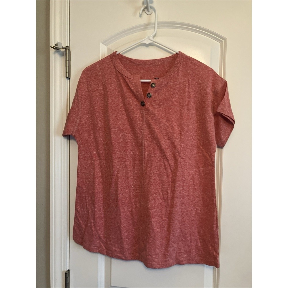 Accent V-neck Shirt Women Small Red Like New Button Detail Tee C637